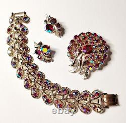 Vintage ART Arthur Pepper Red AB Crystals large Brooch/Clipon Earrings/Bracelet