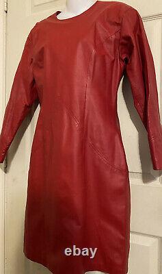 Vintage Ambria Red Designer MIDI Length Leather Dolman Bold Shoulders Dress 10