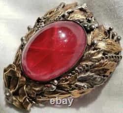 Vintage Antique Hobe Costume Jewelry 1940s Floral Heart Brooch with Rhinestone
