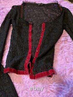 Vintage Betsey Johnson dress & Top SET- black red velvet trim roses lace. XSP
