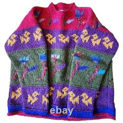 Vintage Bright Colorful Handknit Red Llama Wool Sweater With Flowers by Frantic