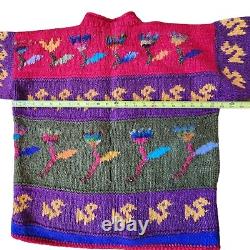 Vintage Bright Colorful Handknit Red Llama Wool Sweater With Flowers by Frantic