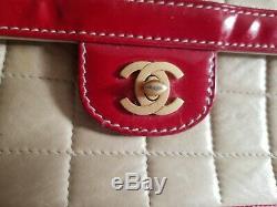 Vintage CHANEL Beige Red Quilted Patent Leather Mini CC Chain Flap Shoulder Bag