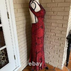 Vintage Cache Red Evening Maxi Dress Gown 100% Silk Beaded Prom Pageant Small