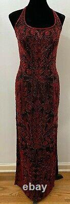 Vintage Cache Womens Beaded Halter Prom Dress Gown Medium Black Silk Red Beads