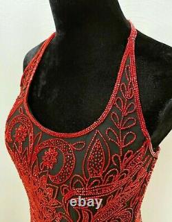 Vintage Cache Womens Beaded Halter Prom Dress Gown Medium Black Silk Red Beads