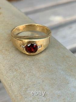 Vintage Designer 14k Yellow Gold Red Garnet Diamonds Gypsy Ring Heavy Men Woman