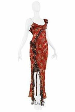 Vintage Dior By Galliano Red Paisley Ruffle One Shoulder Dress 2002