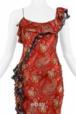 Vintage Dior By Galliano Red Paisley Ruffle One Shoulder Dress 2002