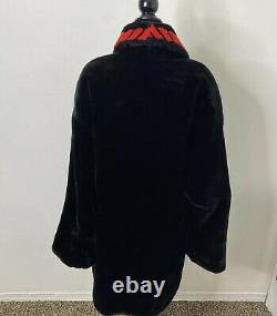 Vintage Donnybrook Coat Woman M Black Faux Fur Elegant Thick Plush Red Trim