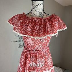 Vintage Dress Womens 6 Maxi Krist Gudnason Bardot Neck Prairie Red Semi Sheer