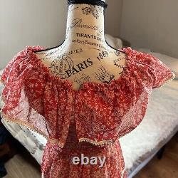 Vintage Dress Womens 6 Maxi Krist Gudnason Bardot Neck Prairie Red Semi Sheer