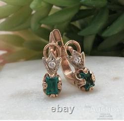 Vintage Earrings Gold 585 14K Ukraine Kyiv Emerald Womens Natural Rare Old Green