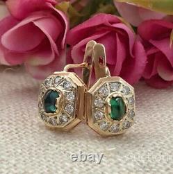 Vintage Earrings Gold 585 14K White Red EMERALD Cubic Zirconias Womens Jewelry