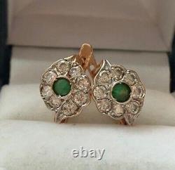 Vintage Earrings White Red Gold 585 14K EMERALD Cubic Zirconias Womens Jewelry