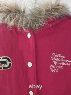 Vintage Ecko Red Womens L Red Varsity Jacket Fur Hoodie RARE