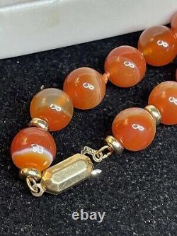 Vintage Estate 14k Gold Red Orange Marbled Carnelian Necklace Beaded Strung