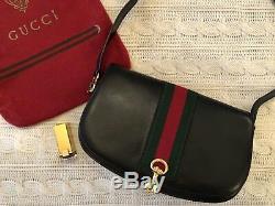 Vintage GUCCI Black Leather Green Red Web Horsebit Shoulder Handbag WithDust Bag