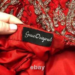 Vintage Grace Originals Gown Dress 100% Silk Red Fully Beaded Short Sleeve Sz L