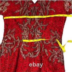 Vintage Grace Originals Gown Dress 100% Silk Red Fully Beaded Short Sleeve Sz L