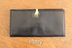 Vintage Gucci Black Leather with Red Accent Gold Hand Clasp Clutch Wallet