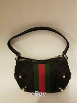 Vintage Gucci Horsebit Black GG Canvas Leather Red/Green Stripe Small Handbag