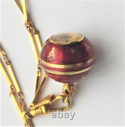 Vintage Guilloche Red Enamel Gold Stars Ball Globe Pendant Watch With Chain 17j