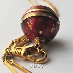 Vintage Guilloche Red Enamel Gold Stars Ball Globe Pendant Watch With Chain 17j