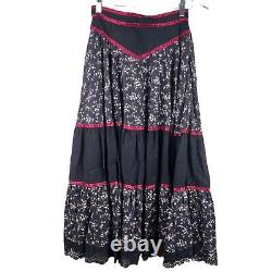 Vintage Gunne Sax Black Red Ditsy Floral Prarie Midi A-Line Skirt Womens 13