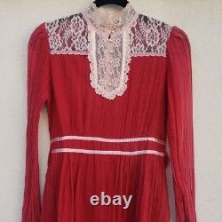 Vintage Gunne Sax Women's Long Sleeve 70s Prairie Dress Red Cream Size Small