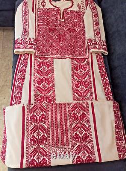 Vintage Handmade Palestinian red Embroidery gazelle- Old beige Dress Heritage