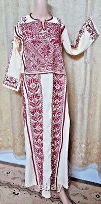 Vintage Handmade Palestinian red Embroidery gazelle- Old beige Dress Heritage