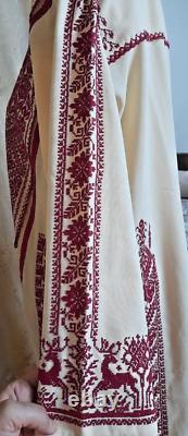 Vintage Handmade Palestinian red Embroidery gazelle- Old beige Dress Heritage