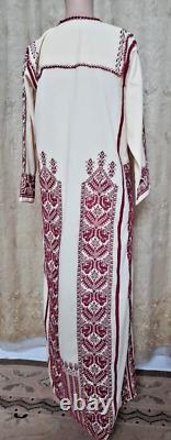 Vintage Handmade Palestinian red Embroidery gazelle- Old beige Dress Heritage