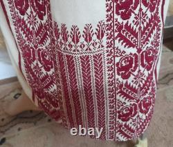 Vintage Handmade Palestinian red Embroidery gazelle- Old beige Dress Heritage