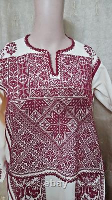 Vintage Handmade Palestinian red Embroidery gazelle- Old beige Dress Heritage