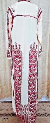 Vintage Handmade Palestinian red Embroidery gazelle- Old beige Dress Heritage