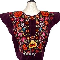 Vintage Huipil Poncho Top Womens Burgundy Floral Handwoven Embroidered Fabric
