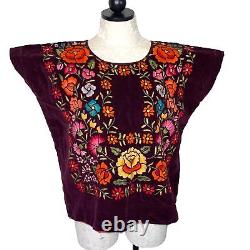 Vintage Huipil Poncho Top Womens Burgundy Floral Handwoven Embroidered Fabric