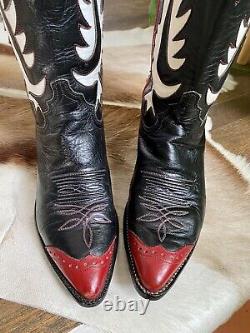 Vintage Justin Western Boots Black Red & White Inlay Womens 6 B (US)