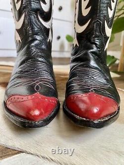 Vintage Justin Western Boots Black Red & White Inlay Womens 6 B (US)