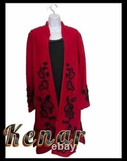 Vintage Kenar Red Wool Raised Design Long Cardigan Womens M