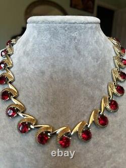 Vintage Kramer Red Rhinestone Necklace 15 gold Tone