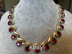 Vintage Kramer Red Rhinestone Necklace 15 gold Tone