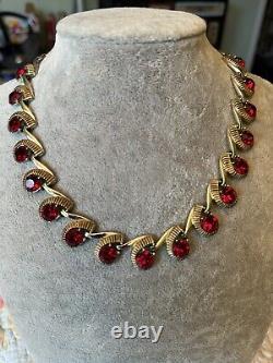 Vintage Kramer Red Rhinestone Necklace 15 gold Tone