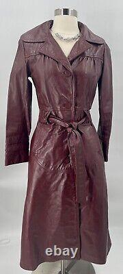 Vintage Leather Small Womens Dark Red Trench Coat Spy Jacket Overcoat With Gloves