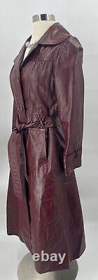 Vintage Leather Small Womens Dark Red Trench Coat Spy Jacket Overcoat With Gloves