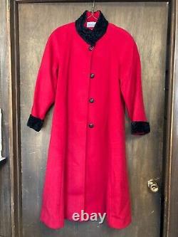 Vintage Leslie Fay Swing Coat Red/Black Trim Long Wool Woman's Medium