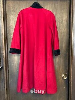 Vintage Leslie Fay Swing Coat Red/Black Trim Long Wool Woman's Medium