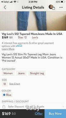 Vintage Levis Jeans Red Tab 512 Slim Fit Tapered Leg Womens 13 Short Made in USA